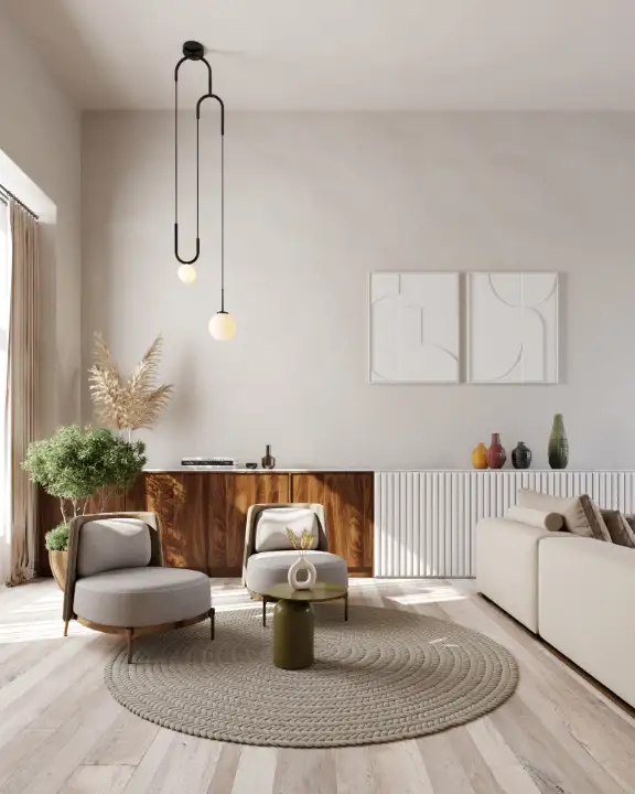 wizualizacja architektoniczna salonu typu loft wizualizacja architektoniczna wnętrza salonu z dwoma fotelami typu loft na tle jasnej ściany