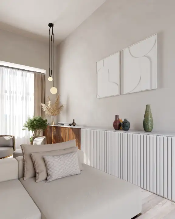 wizualizacja architektoniczna wnetrza salonu wizualizacja architektoniczna wnętrza jasnego salonu typu loft z białą sofą