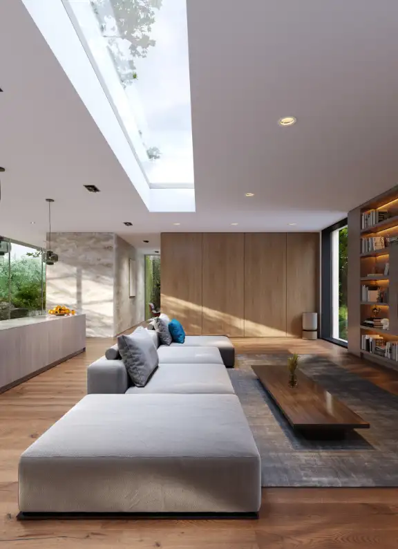 wizualizacja wnętrza salonu wizualizacja architektoniczna wnętrza salonu z dużą sofą z widokiem na telewizor i biblioteczkę